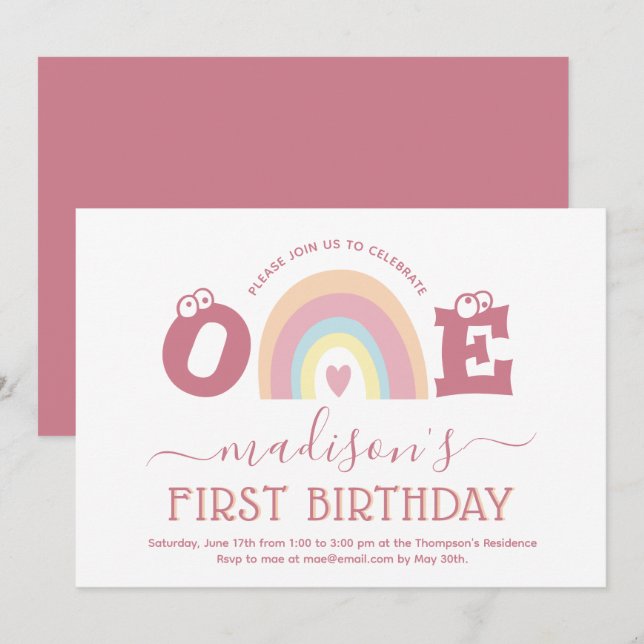 Invitation Pastel Blush Rose Rainbow Girls 1er anniversaire (Devant / Derrière)