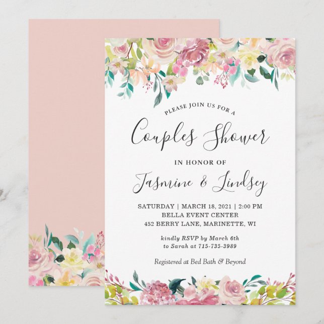 Invitation Pastel Blush Spring Floral Mariage Couples Douche (Devant / Derrière)