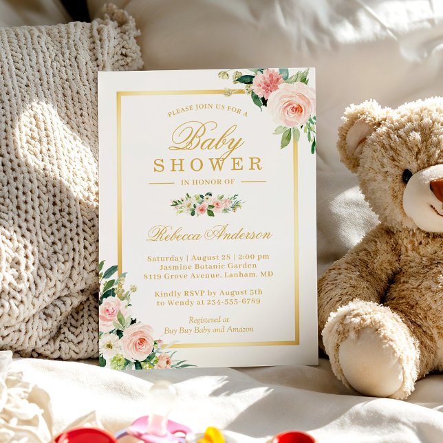 Invitation Pastel Blushing rose Floral Gold Baby shower fille (Créateur téléchargé)