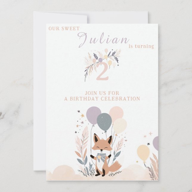 Invitation Pastel Boho Baby Fox et ballons Anniversaire (Devant)