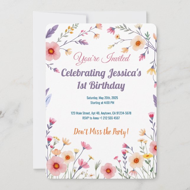 Invitation Pastel Boho Fleur sauvage Birthday Card Design (Devant)