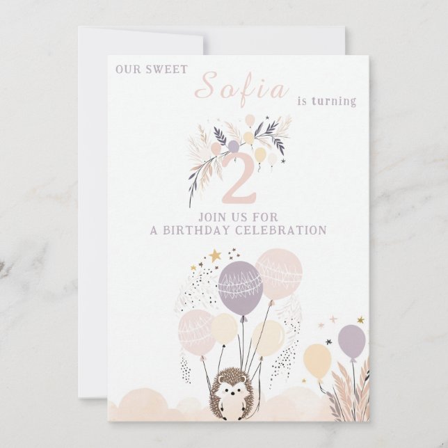 Invitation Pastel Boho Hedgehog et Balloons Anniversaire (Devant)