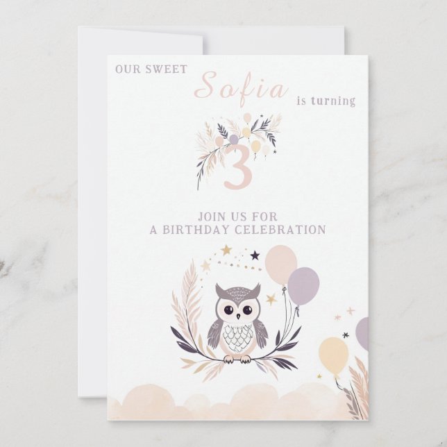 Invitation Pastel Boho Owl et Balloons Anniversaire (Devant)
