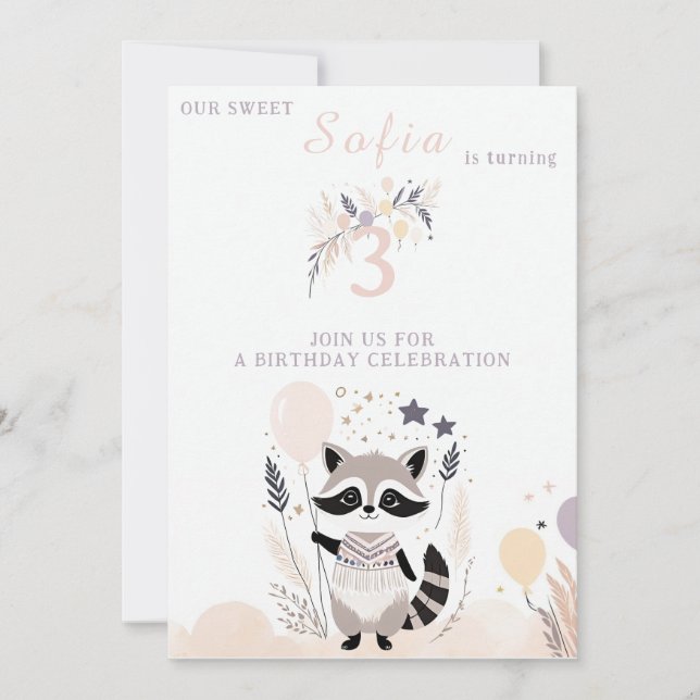 Invitation Pastel Boho Raccoon et Ballons Anniversaire (Devant)