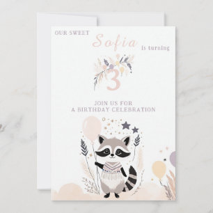 Invitation Pastel Boho Raccoon et Ballons Anniversaire