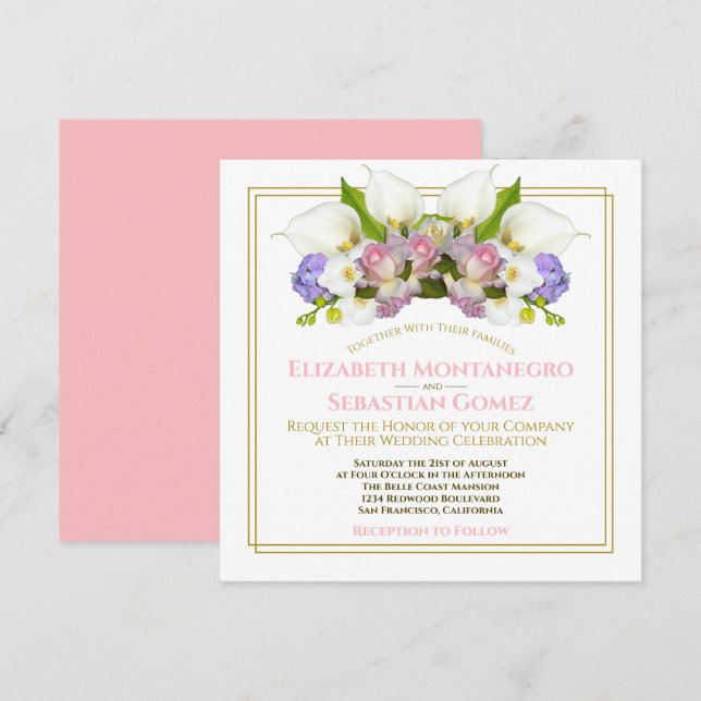Invitation Pastel Bouquet Printemps Arc Floral Carré Mariage (Devant / Derrière)