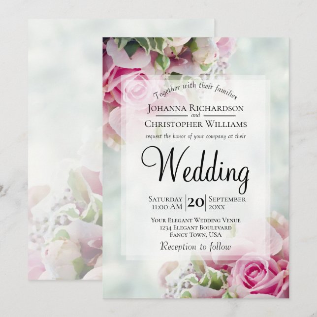 Invitation Pastel Bouquet Roses roses et Mariage de pivoines (Devant / Derrière)