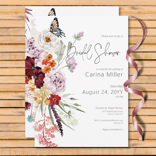 Invitation Pastel & Bourgogne Floral Fête des mariées (Pastel & Burgundy Blooms Floral Bridal Shower Invitation)