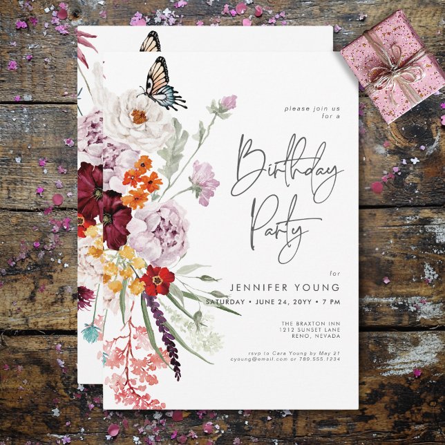 Invitation Pastel & Bourgogne Flores Modernes Anniversaire Fl (Pastel & Burgundy Blooms Modern Floral Birthday Invitation)