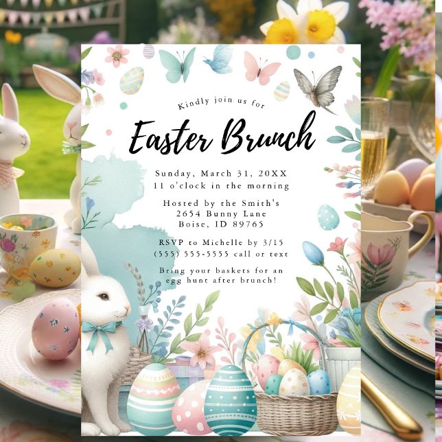 Invitation Pastel Bunny Brunch de Pâques et chasse aux oeufs (Easter Brunch and Egg Hunt Invitation)