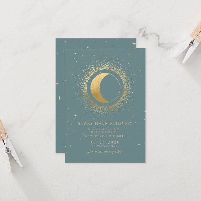 Invitation Pastel Celestial Gold Moon Photo Enregistrer La Da (Devant/Arrière en situation)