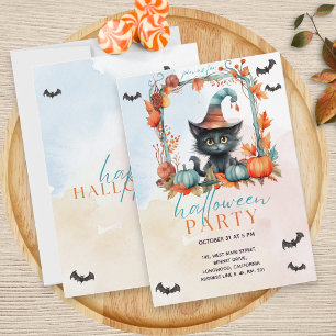 Invitation Pastel Citrouille Patch Chat noir Halloween Party