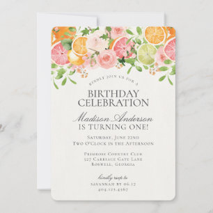 Invitation Pastel Citrus Floral Little Cutie Fête d'anniversa