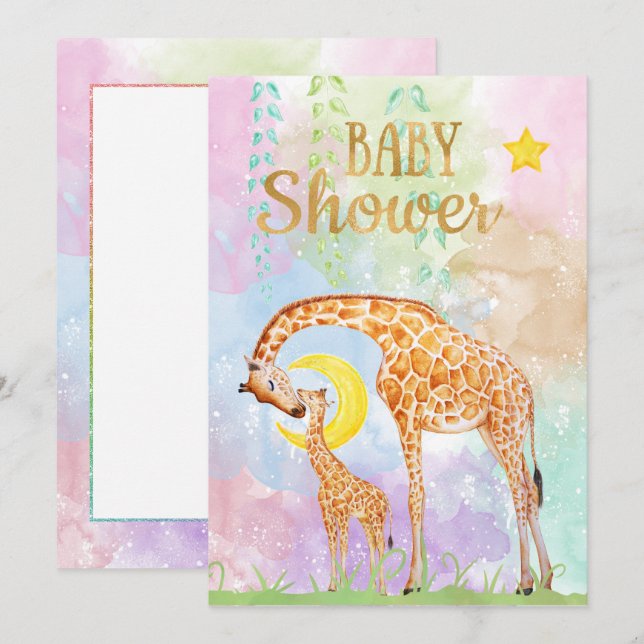 Invitation Pastel Couleur Mère et Baby shower bébé Giraffe (Devant / Derrière)