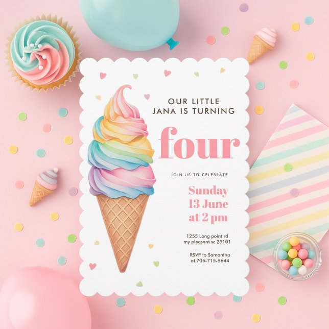 Invitation Pastel Crème glacée Cone Anniversaire | La douce f (Créateur téléchargé)