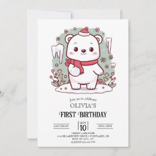 Invitation Pastel Cute Polar Ours 1er Anniversaire Numérique