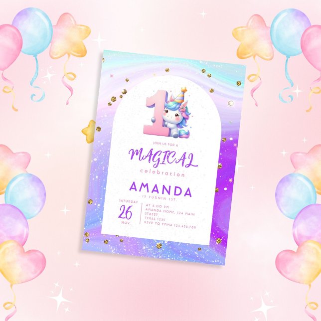 Invitation Pastel Cute Unicorn Girl 1er anniversaire (Créateur téléchargé)