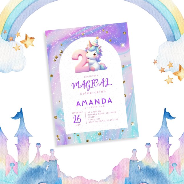 Invitation Pastel Cute Unicorn Girl 2e anniversaire (Créateur téléchargé)