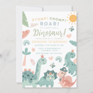 Invitation Pastel Dinosaur Stomp Chomp Roar 1er anniversaire