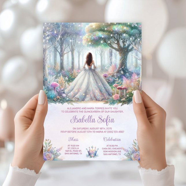 Invitation Pastel Enchanted Forest Quinceañera (Enchanted forest invitation with beautiful back view. All text can be changed as needed.)