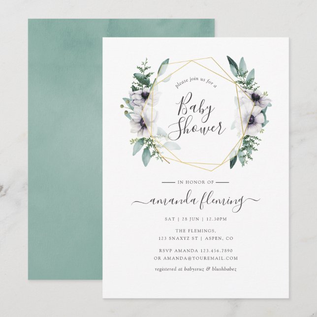 Invitation Pastel Eucalyptus Anemone Baby shower géométrique (Devant / Derrière)