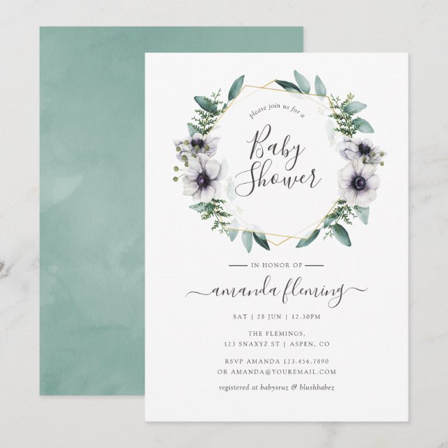 Invitation Pastel Eucalyptus Anemone Baby shower géométrique (Devant / Derrière)