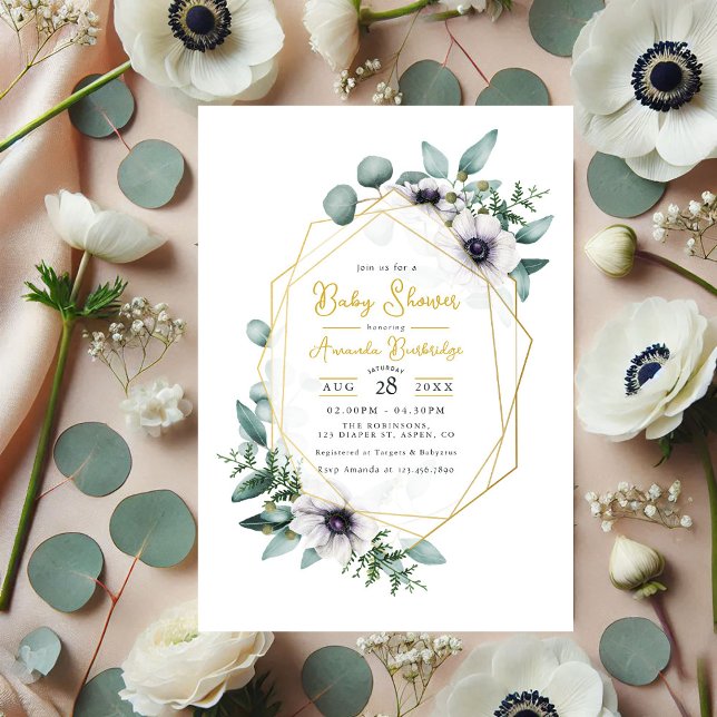 Invitation Pastel Eucalyptus Anemone Baby shower géométrique (Pastel Eucalyptus Anemone Geometric Baby Shower Invitation)