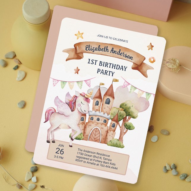 Invitation Pastel Fairytale Unicorn Castle Girl Anniversaire (Pastel Fairytale Unicorn Castle Kids Birthday Invitation)