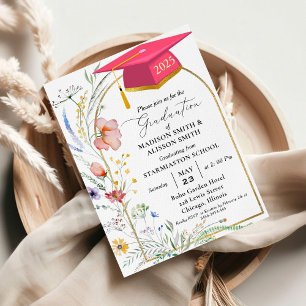 Invitation Pastel Fleur sauvage Jardin Jumeau fête de graduat