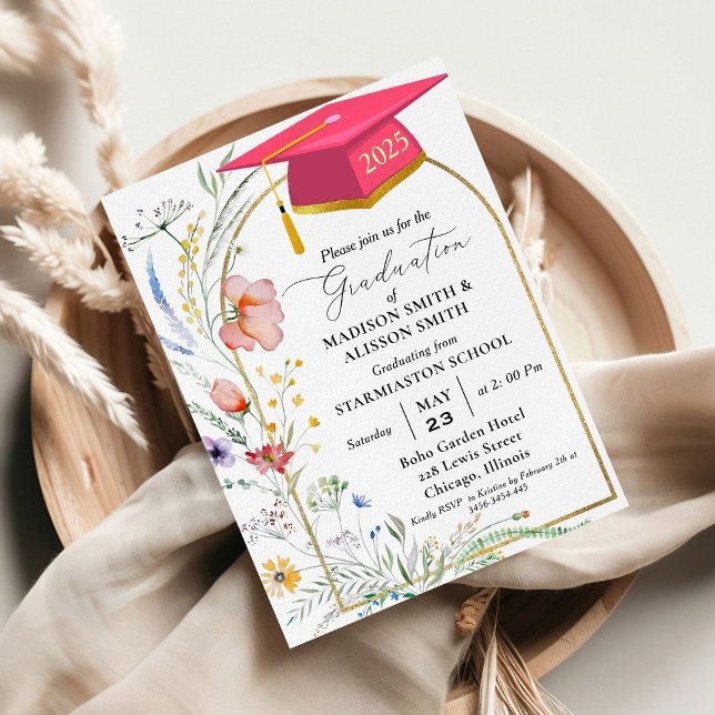 Invitation Pastel Fleur sauvage Jardin Jumeau fête de graduat (Créateur téléchargé)