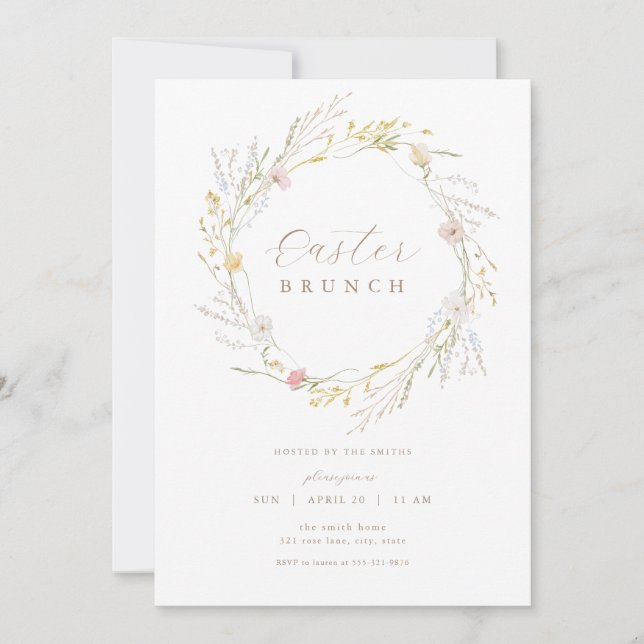 Invitation Pastel Fleur sauvage Wreath Pâques Brunch Invitati (Devant)