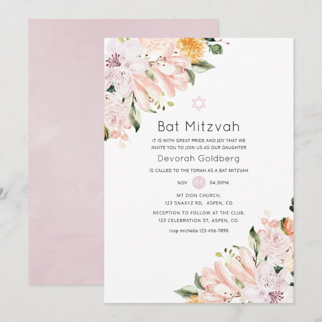 Invitation Pastel Floral Bat mitzvah (Devant / Derrière)