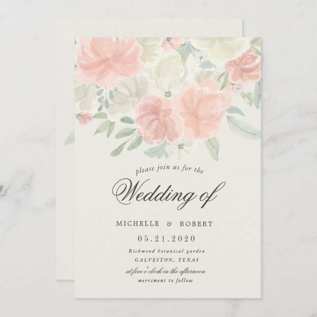 Invitation pastel floral clair mariage (Devant / Derrière)