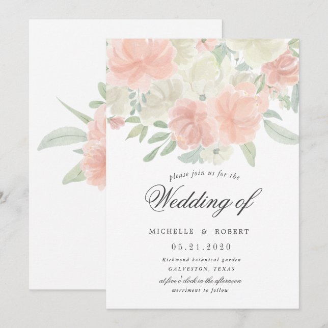 Invitation pastel floral clair mariage (Devant / Derrière)