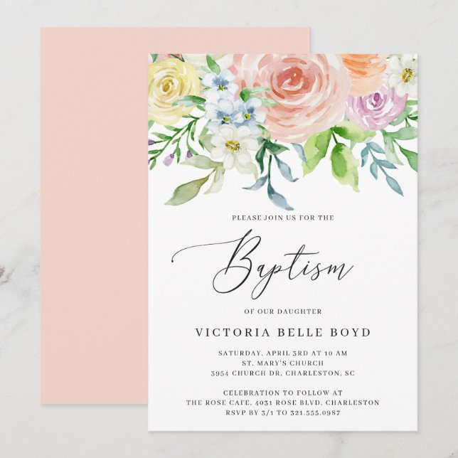 Invitation Pastel Floral Coral Pêche Baby Girl Baptême (Devant / Derrière)