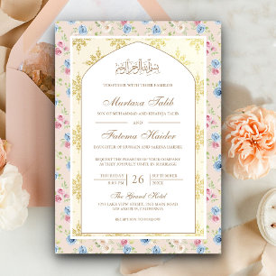 Invitation Pastel Floral Gold Motif Arch Mariage musulman