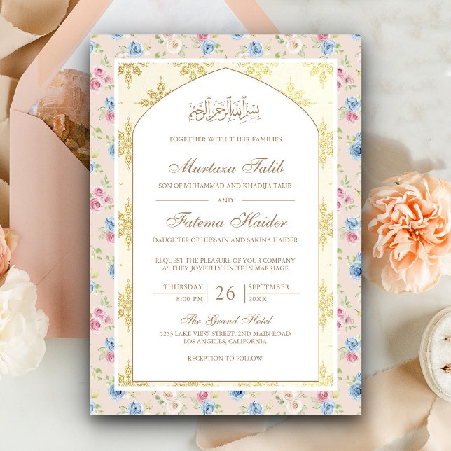 Invitation Pastel Floral Gold Motif Arch Mariage musulman (Créateur téléchargé)