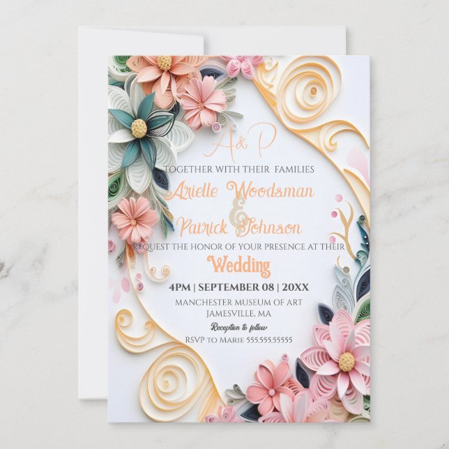 Invitation Pastel Floral Mariage Personnaliser papier Quill F (Devant)