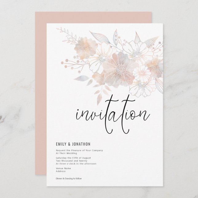 Invitation Pastel Florals Blush Peach Grey Mariage (Devant / Derrière)