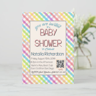 Invitation Pastel Gingham Rainbow Baby Shower Pink