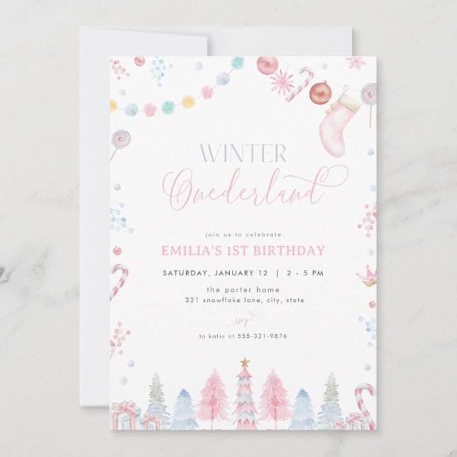Invitation Pastel Girl Winter Onederland Anniversaire Invitat (Devant)