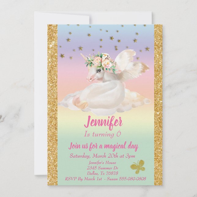 Invitation Pastel Gold Enfant's Gold Unicorn Pegasus Rainbow (Devant)