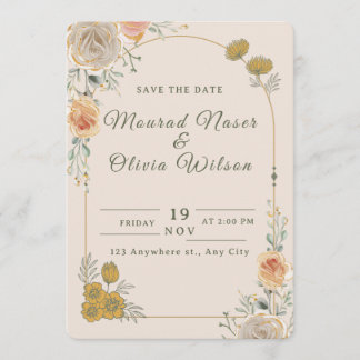 Invitation Pastel Gold Floral Wedding Save the Date Card