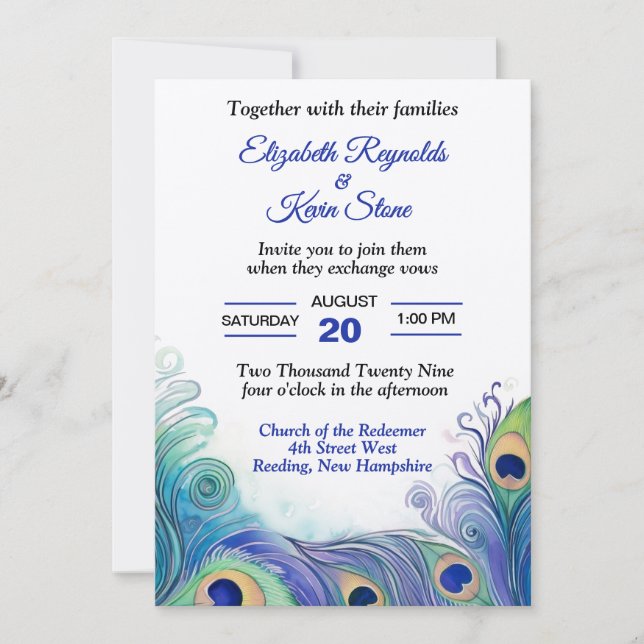 Invitation Pastel Green et Blues Peacock FeathMariage (Devant)
