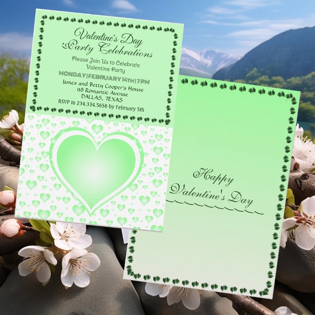 Invitation Pastel Green Raining Hearts Saint Valentin (Pastel Green Raining Hearts Valentine's Day Party Invitation)