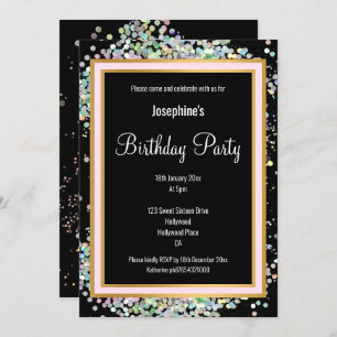 INVITATION PASTEL HOLOGRAPHIQUE DOUBLE ROSE NOIRE OR ANNIVERS