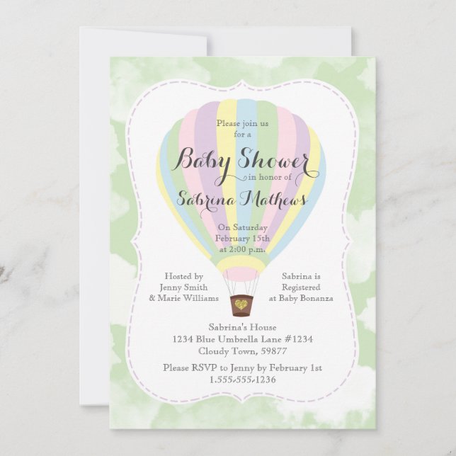 Invitation Pastel Hot Air Balloon Baby shower neutre genre (Devant)