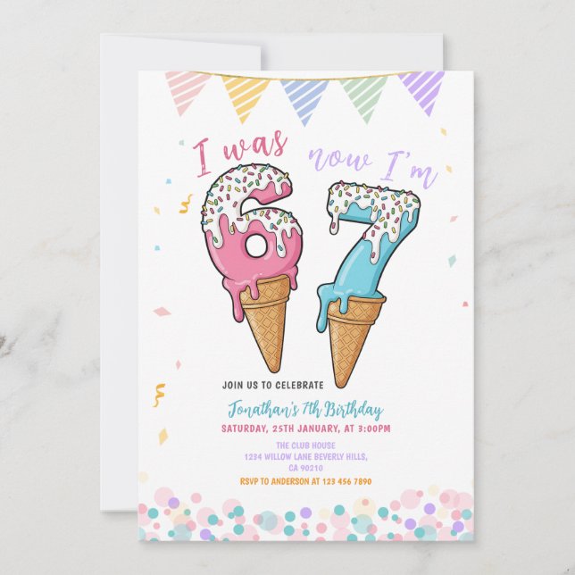 Invitation Pastel Ice Cream Six Seven Birthday Party Glitter (Devant)