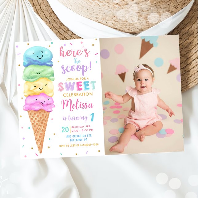 Invitation Pastel Ice Cream Voici la Scoop Birthday Photo (Créateur téléchargé)