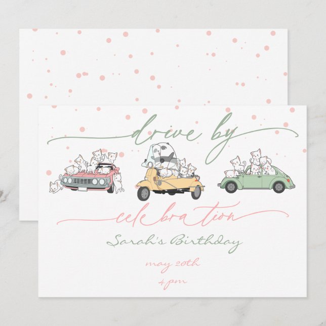 Invitation Pastel Kawaii Chats Surprise Parade de célébration (Devant / Derrière)